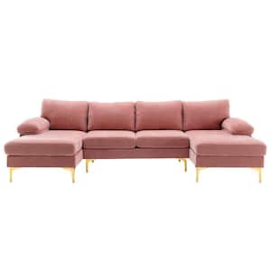 110 in. Square Arm 3-Piece Velvet U-Shaped Sectional Sofa in Pink with Chaise