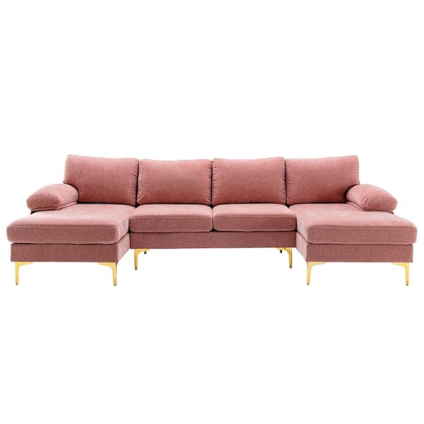 HOMEFUN 110 in. Square Arm 3-Piece Velvet U-Shaped Sectional Sofa in Pink with Chaise