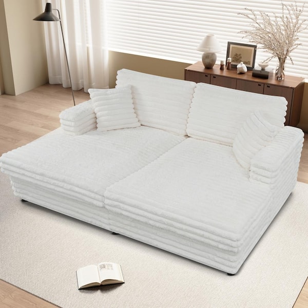 Ezekiel 86 in. Beige Corduroy Upholstered Full Size Sofa Bed with Throw Pillows