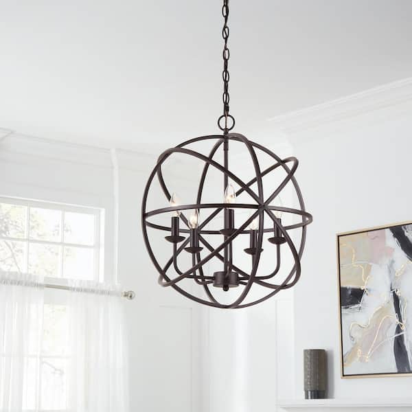 Home Decorators Collection Sarolta Sands 5-Light Bronze Chandelier Light Fixture with Caged Globe Metal Shade