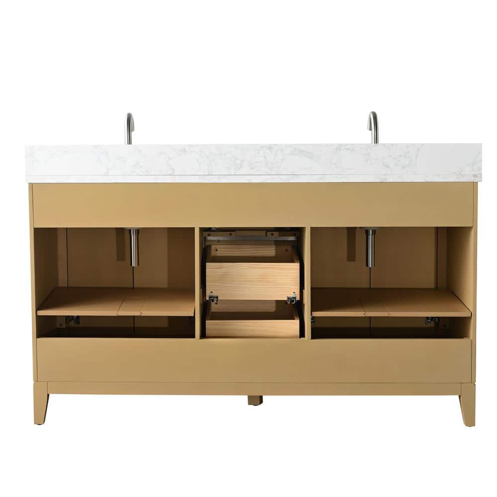 60" Natural Oak Double Sink Bathroom Vanity with Engineered Marble Top