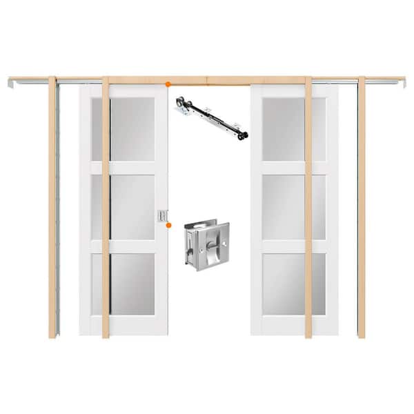 64 in. x 80 in. 3-Lite Mirrored Glass White Primed Solid Wood Double Pocket Door with Lock Soft Close Frame and Hardware