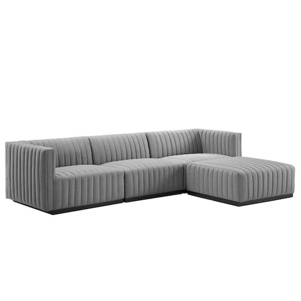 MODWAY Conjure 109.5 in. W Channel Tufted Upholstered Fabric 4-Piece Reversible Sectional Sofa in Black Light Gray
