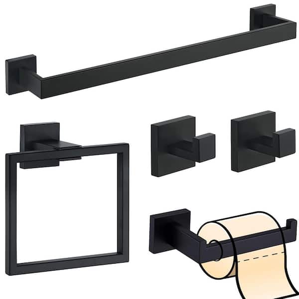 Wall Mounted 5-Piece Bath Hardware Set Towel Bar Set with Towel Ring Mounting Hardware in Matte Black