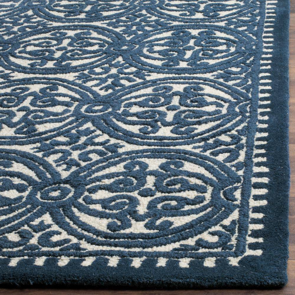 Ivory and Navy Handmade Wool Runner Rug