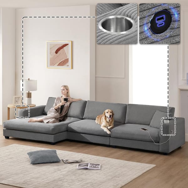 Harper & Bright Designs 134 in. Straight Arm L-Shape Corduroy Fabric Sectional Sofa in Gray with USB Charging Port, Cup Holder, 2 Pillows