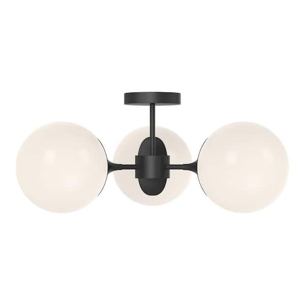 ALORA MOOD Nouveau 26 in. 3 Light 40-Watt Matte Black/Opal Matte Glass Semi-Flush Mount