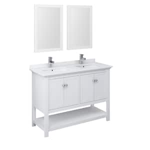 Manchester 48 in. W Bathroom Double Bowl Vanity in White with Quartz Stone Vanity Top in White with White Basins,Mirrors