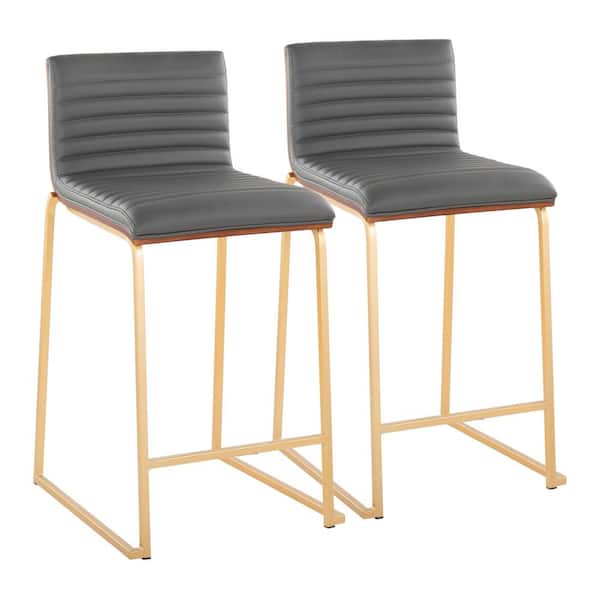 Lumisource Mason Mara 24.5 in. Grey Faux Leather and Gold Metal Counter Height Bar Stool with Walnut Wood Seat Back (Set of 2)