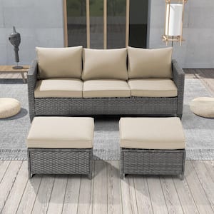 3-Seater Patio Gray Wicker Sofa set with Ottomans, Linen Flax Beige Cushion
