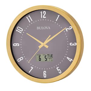 Time and Temperature 14 in. Wall Clock with Automatic Time Adjustment in Gold Tone Finish