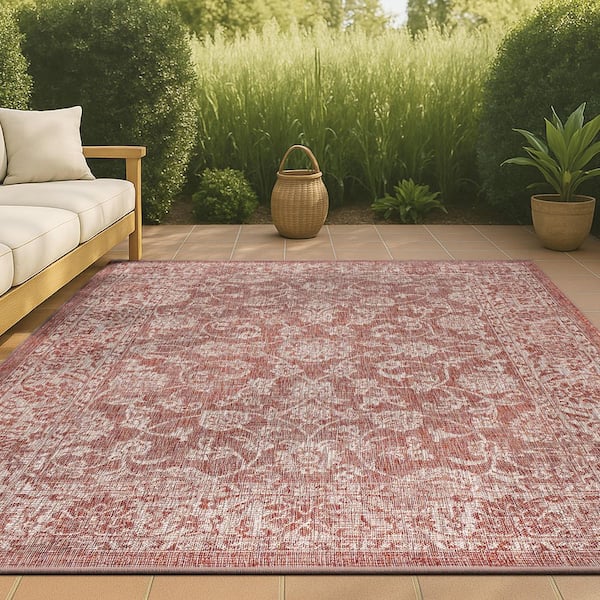 Tela Bohemian Red/Taupe 3 ft. 11 in. x 6 ft. Textured Weave Floral Indoor/Outdoor Area Rug