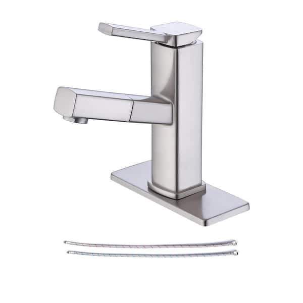 RAINLEX Pull Out Sprayer Single Handle Single Hole Bathroom Faucet with Deckplate and Supply Line Inlcuded in Brushed Nickel
