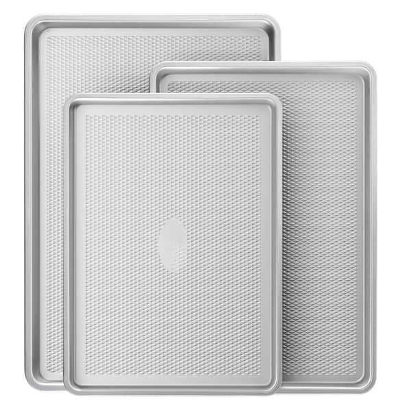 3-Piece Carbon Steel Baking Sheet Pan Set with Diamond Texture Pattern, Heavy Duty Cookie Tray for Oven, Silver