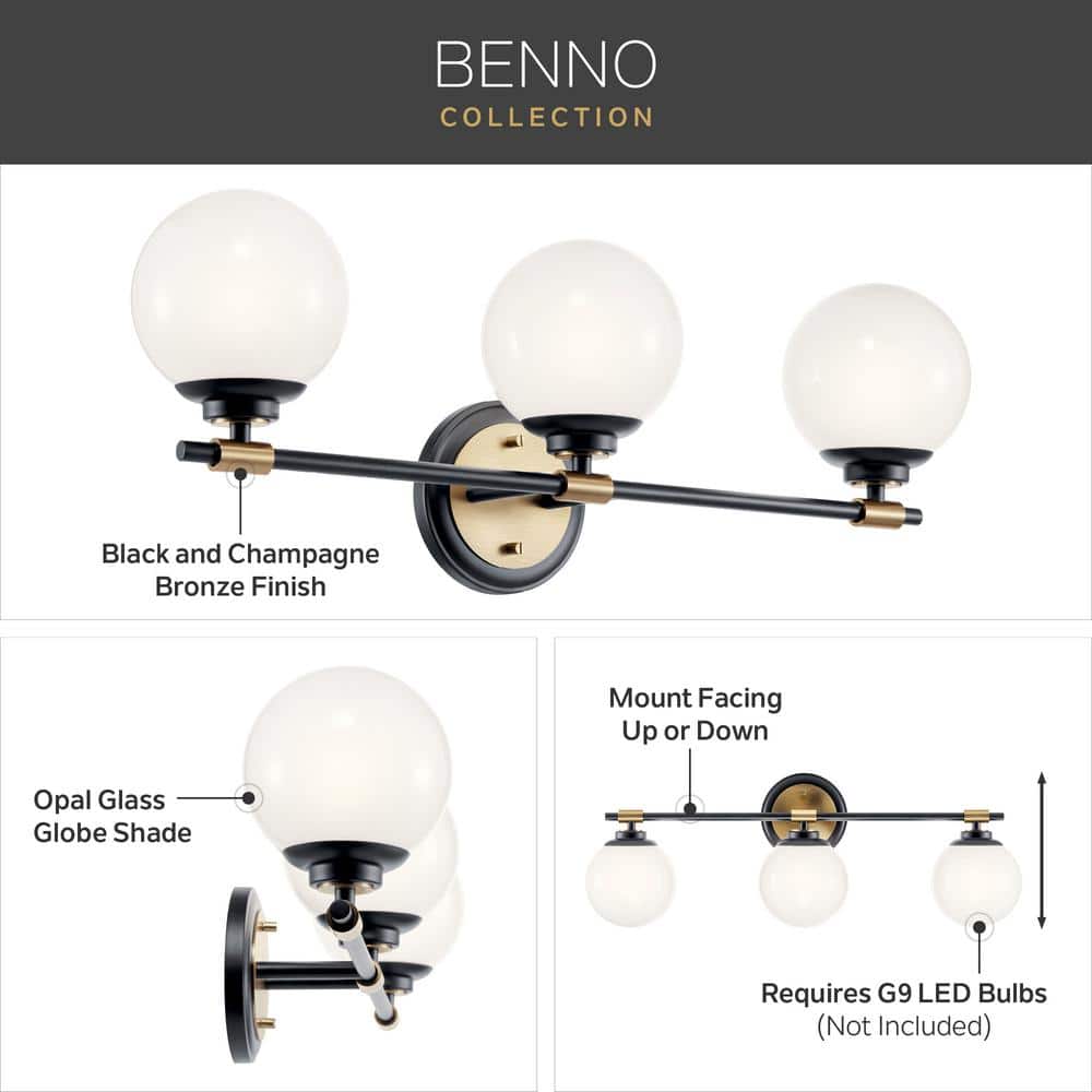 Benno Black and Bronze 3-Light Vanity with Opal Glass