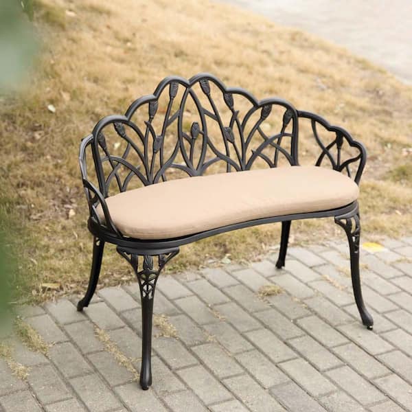 Unbranded Black Patio Garden Bench Cast Aluminum Outdoor Bench with Floral Rose, Park Bench with Brown Cushion for Patio, Park