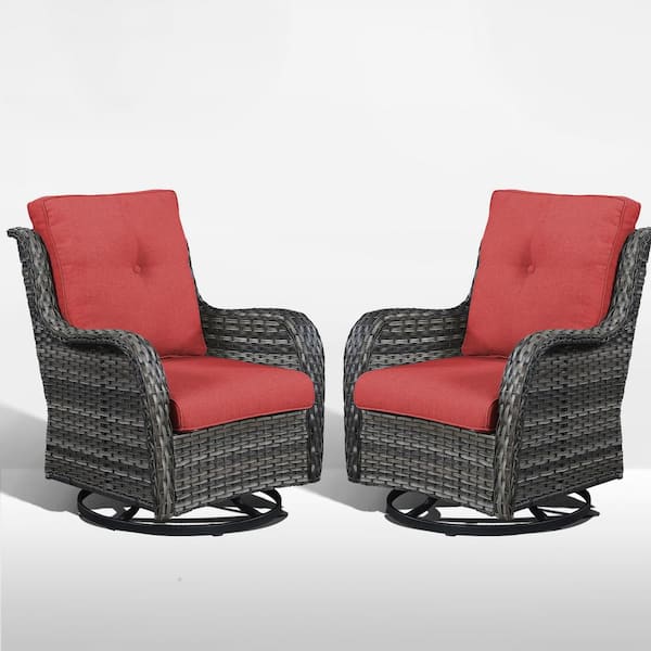 ArcoBay Metal and Gray Wicker Outdoor Rocking Chair Patio Swivel Chairs with Olefin Red Cushions (2-Pack)