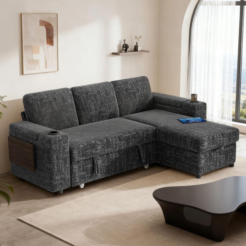 "85"" Gray Chenille Modular 3-seater L-shaped Sectional Sleeper Sofa Bed with Pull Out Bed,USB Ports,Cup Holders" price history on PriceWatchPro