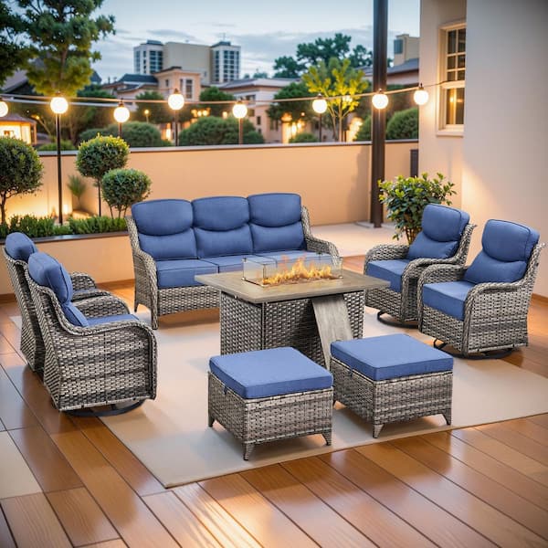 MoonLuxe Gray Wicker Fire Pit Conversation Set with Blue Olefin 6 in. Thick Cushions Patio Swivel Chairs (8-Piece)