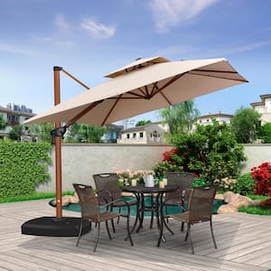 9 ft. Square High-Quality Wood Pattern Aluminum Cantilever Polyester Patio Umbrella with Wheels Base, Beige