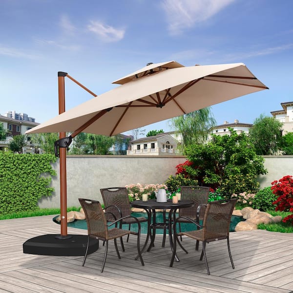 PURPLE LEAF 9 ft. Square High-Quality Wood Pattern Aluminum Cantilever Polyester Patio Umbrella with Wheels Base, Beige