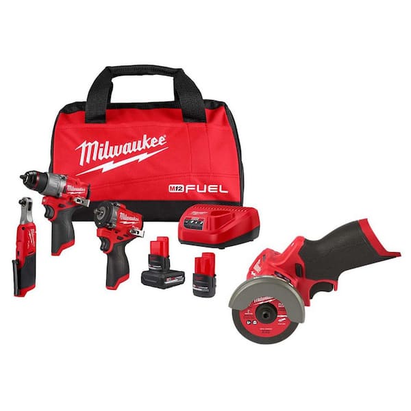 M12 FUEL 12V Lithium-Ion Cordless Drill Driver, Impact Wrench, and Ratchet Combo Kit (4-Tool) w/Batteries, Charger & Bag