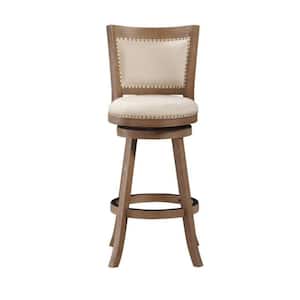 43.5 in. Brown and Beige Full Back Wooden Frame Fabric Upholstered Round Bar Stool with Padded seat and Nailhead Trim