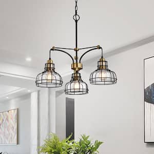 Paris 3-Light Black and Antique Gold Industrial Chandelier with Black Cage and Clear Glass Shade