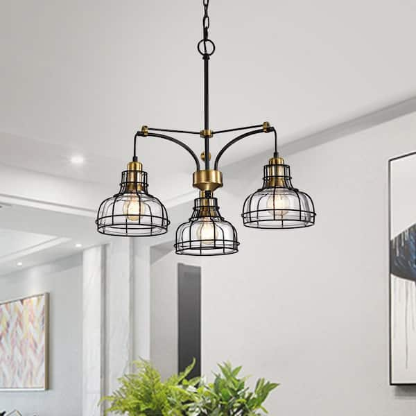 Paris 3-Light Black and Antique Gold Industrial Chandelier with Black Cage and Clear Glass Shade