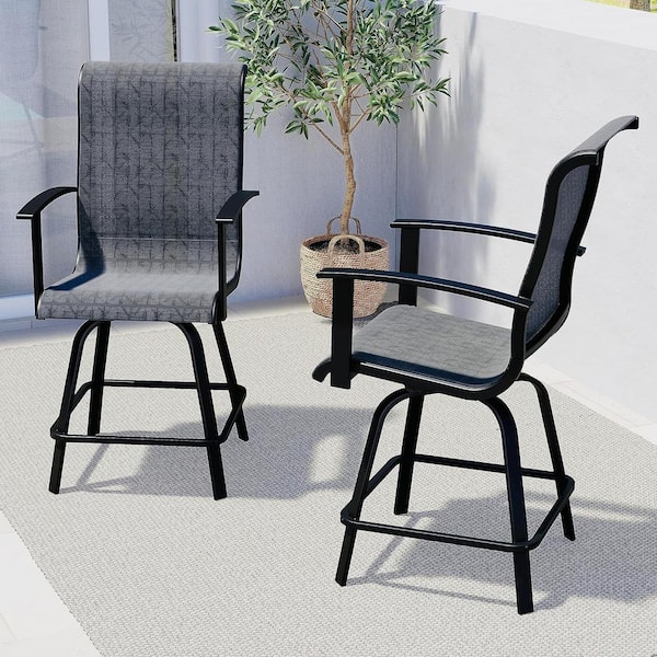 OLILAWN Counter Height Outdoor Swivel Bar Stools (Set of 2), for Porch Balcony, Poolside, Deck (Black and Grey Plaid, 2-Piece)