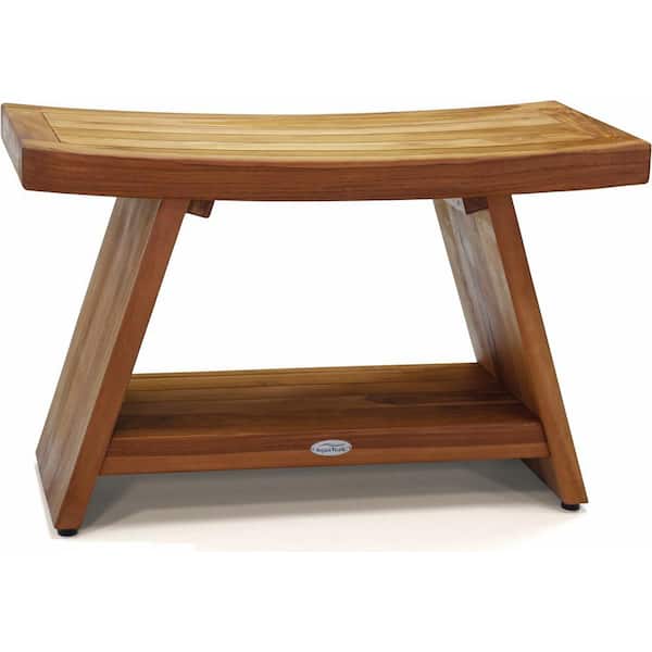 Patented 30 in x 14 in Asia Freestanding Teak Shower Bench with Shelf Walk In Shower Seat