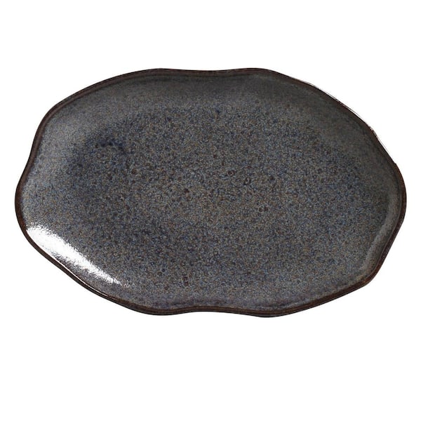 PORTO BRASIL 11.81 in. Titanium Dark Blue Stoneware Shallow Oval Platter Medium (Set of 4)