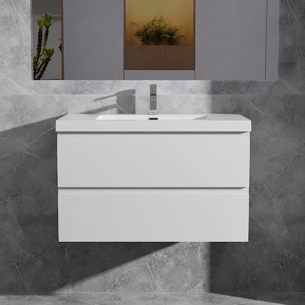 Opvande Alice 36 in. W x 20 in. D x 22 in. H Single Floating Bathroom Vanity in Gloss White with Solid Surface Sink Top in White