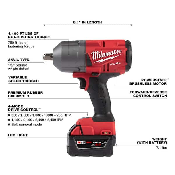 M18 FUEL 18V Lithium-Ion Brushless Cordless 1/2 in. High-Torque Impact  Wrench with Pin Detent Kit, Resistant Batteries