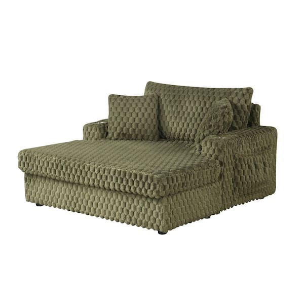 Green Chenille Upholstery with Honeycomb Faux Fur Pattern, 2-Arm Chaise Lounge with Cup Holders and Side Pocket