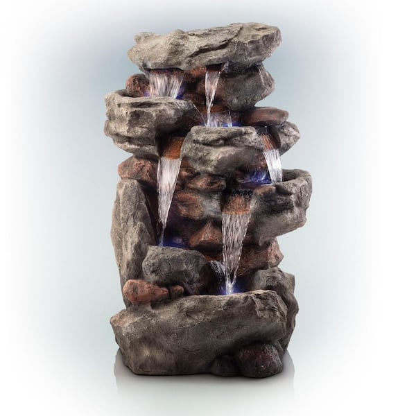 Alpine Corporation 52 in. Tall Outdoor 5-Tier Rainforest Rock Water Fountain with LED Lights
