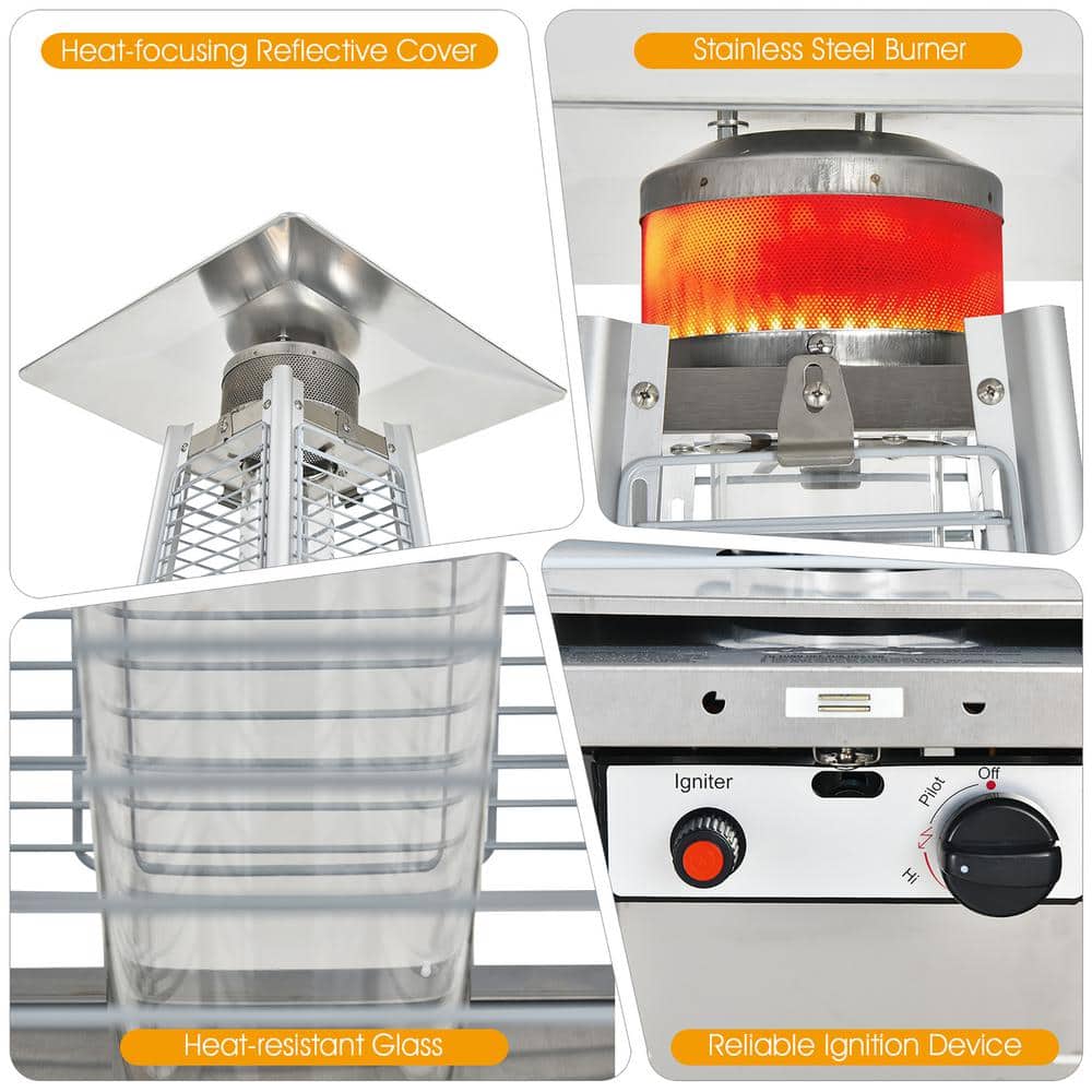 90'' Silver Stainless Steel Pyramid Patio Heater with Glass Tube