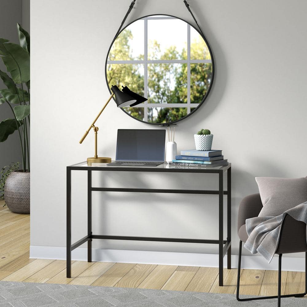 Sleek Blackened Bronze 42" Modern Writing Desk with Tempered Glass Top