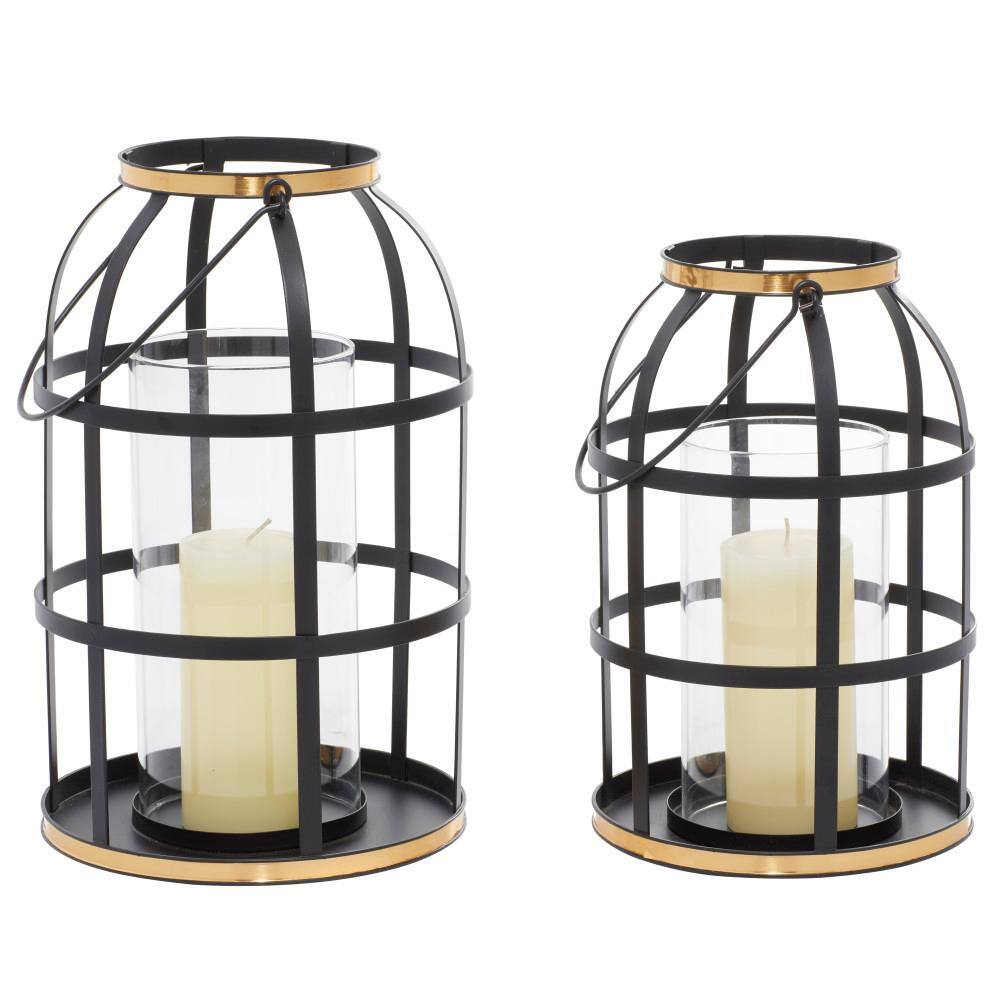 Litton Lane Black Metal Decorative Candle Lantern with Handle (Set of 2) 39719 The Home Depot