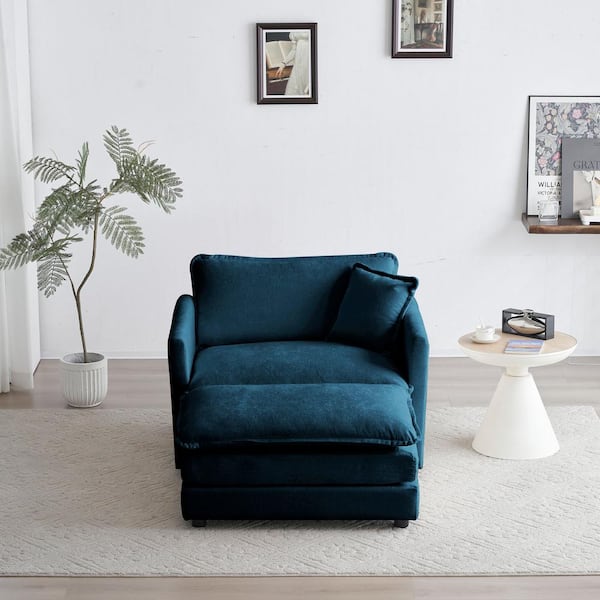 35 in. Modern Armchair Accent Reading Chair Chenille Upholstered 2 Seats Loveseat with Ottoman in Blue