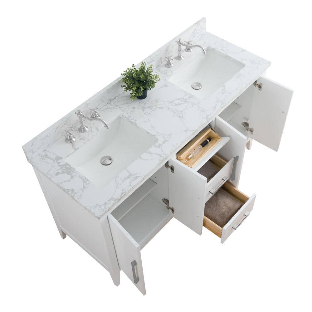60" White Double Sink Bathroom Vanity with Marble Top