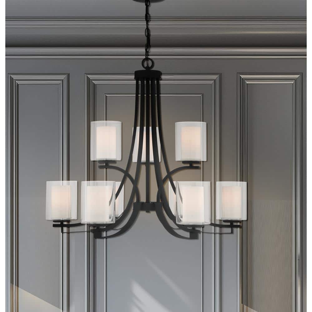 Sand Coal Nickel 9-Light Chandelier with Etched Glass Shades
