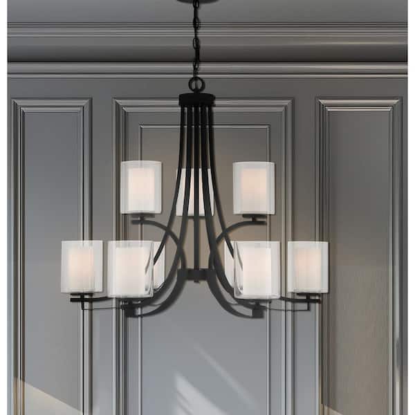Parsons Studio 9-Light Sand Black Candle Style Chandelier with Clear and Etched White Glass Shades