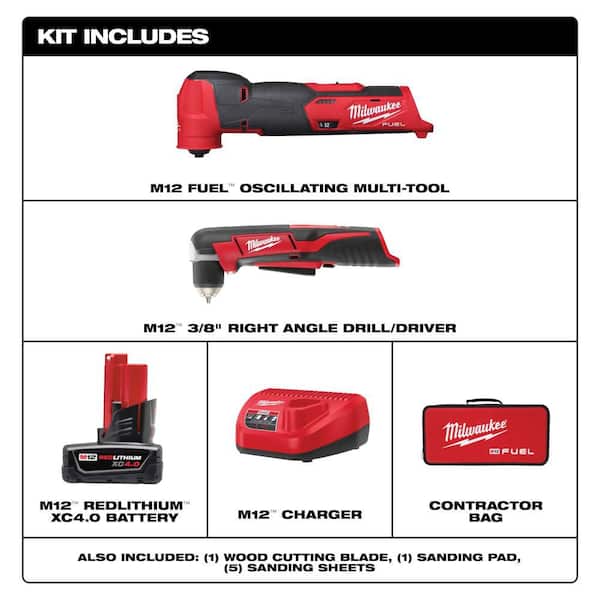 M12 FUEL 12V Lithium-Ion Cordless Oscillating Multi-Tool Kit with 4.0 Ah Battery, Charger, Bag & Right Angle Drill