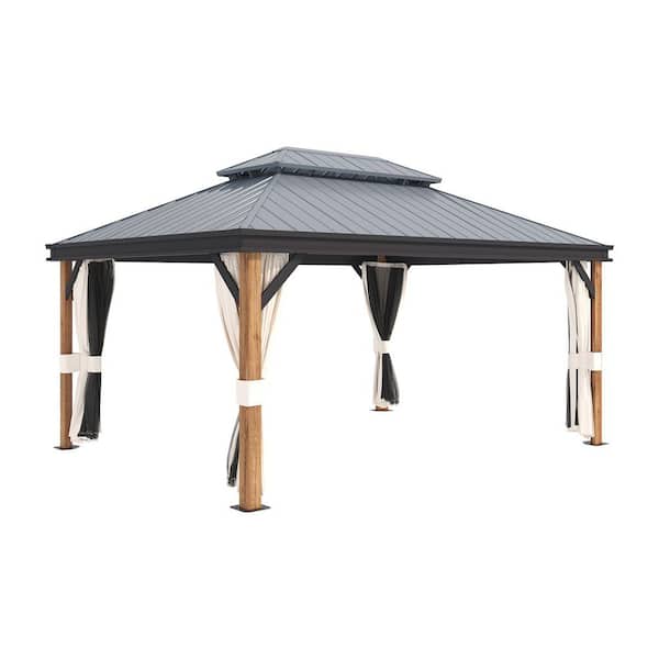 Sudzendf 12 ft. x 16 ft. Gray Wood Grain Hardtop Gazebo-Outdoor Large Gazebo with Double-Vented Top, Curtains Included