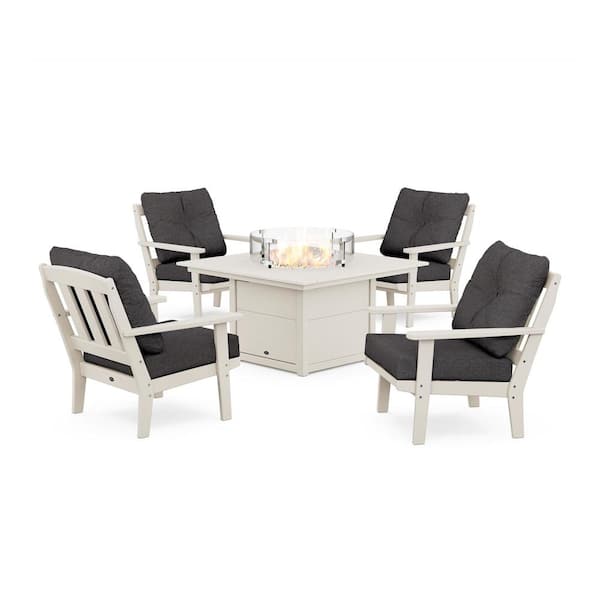 Trex Outdoor Furniture Cape Cod 5-Pieces Plastic Patio Fire Pit Deep Seating Set in Sand Castle with Ash Charcoal Cushions