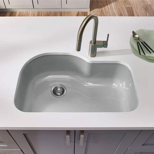 Houzer Porcela Series Undermount Porcelain Enamel Steel 31 In Offset Single Bowl Kitchen Sink In Slate Pch 3700 Sl The Home Depot