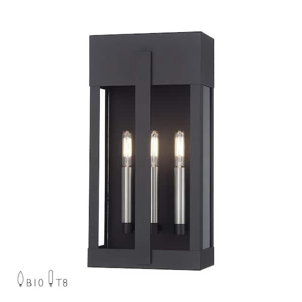 Berksford 17 in. 3-Light Black Outdoor Hardwired Wall Lantern Sconce with No Bulbs Included