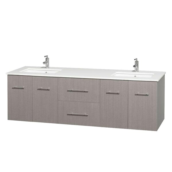 Wyndham Collection Centra 72 in. Double Vanity in Gray Oak with Solid-Surface Vanity Top in White and Under-Mount Sinks