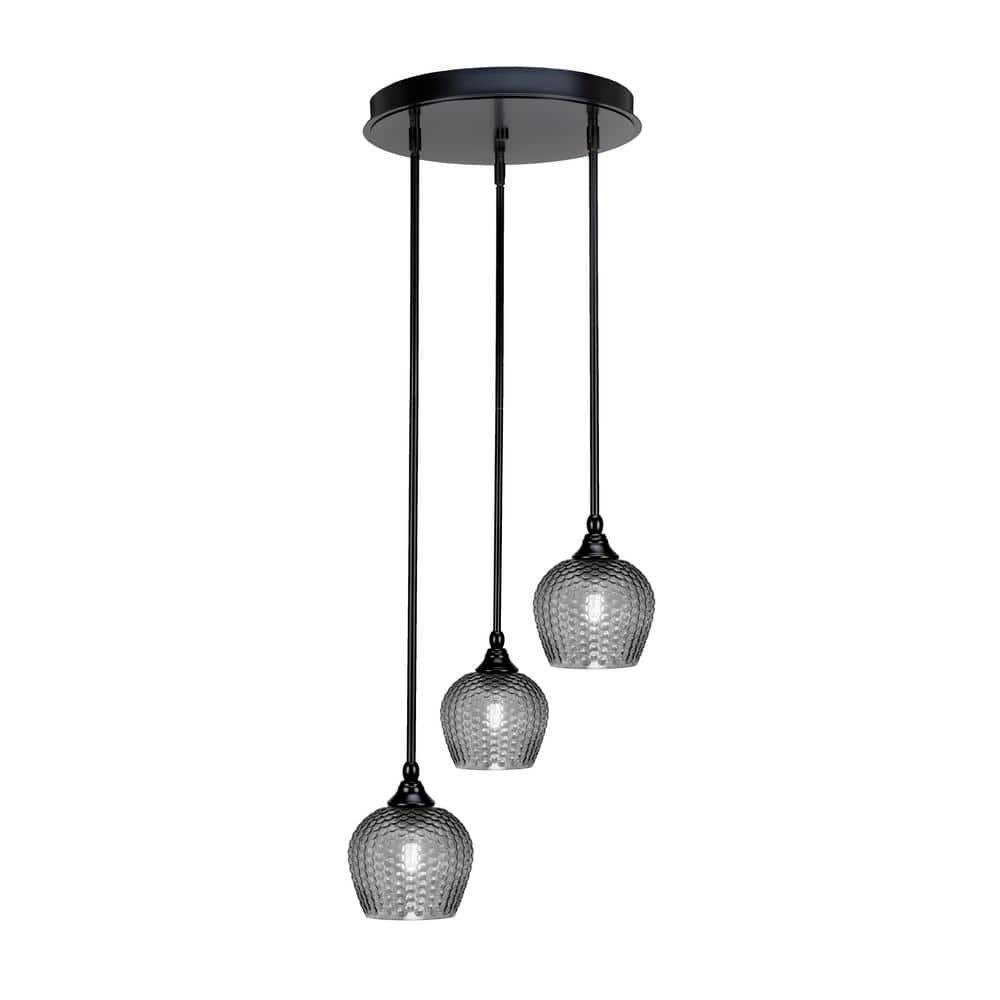 Villa 15.25 in. 3-Light Matte Black Cluster Pendant Light with 6 in. Smoke 